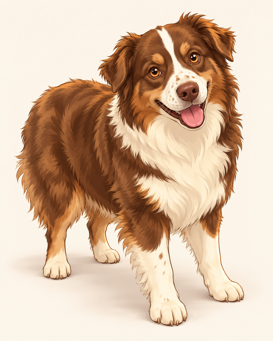 Caricature of Aspen, the brown and white Australian Shepherd